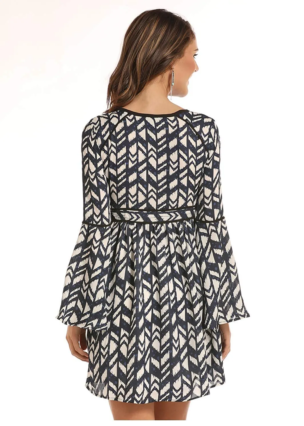 Rock & Roll Cowgirl Juniors Bell Sleeve Dress with Allover Geometric Print, Navy
