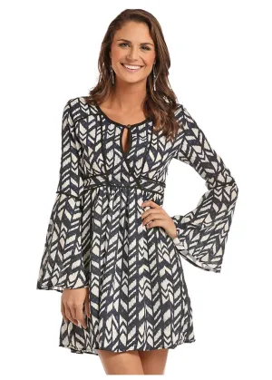 Rock & Roll Cowgirl Juniors Bell Sleeve Dress with Allover Geometric Print, Navy