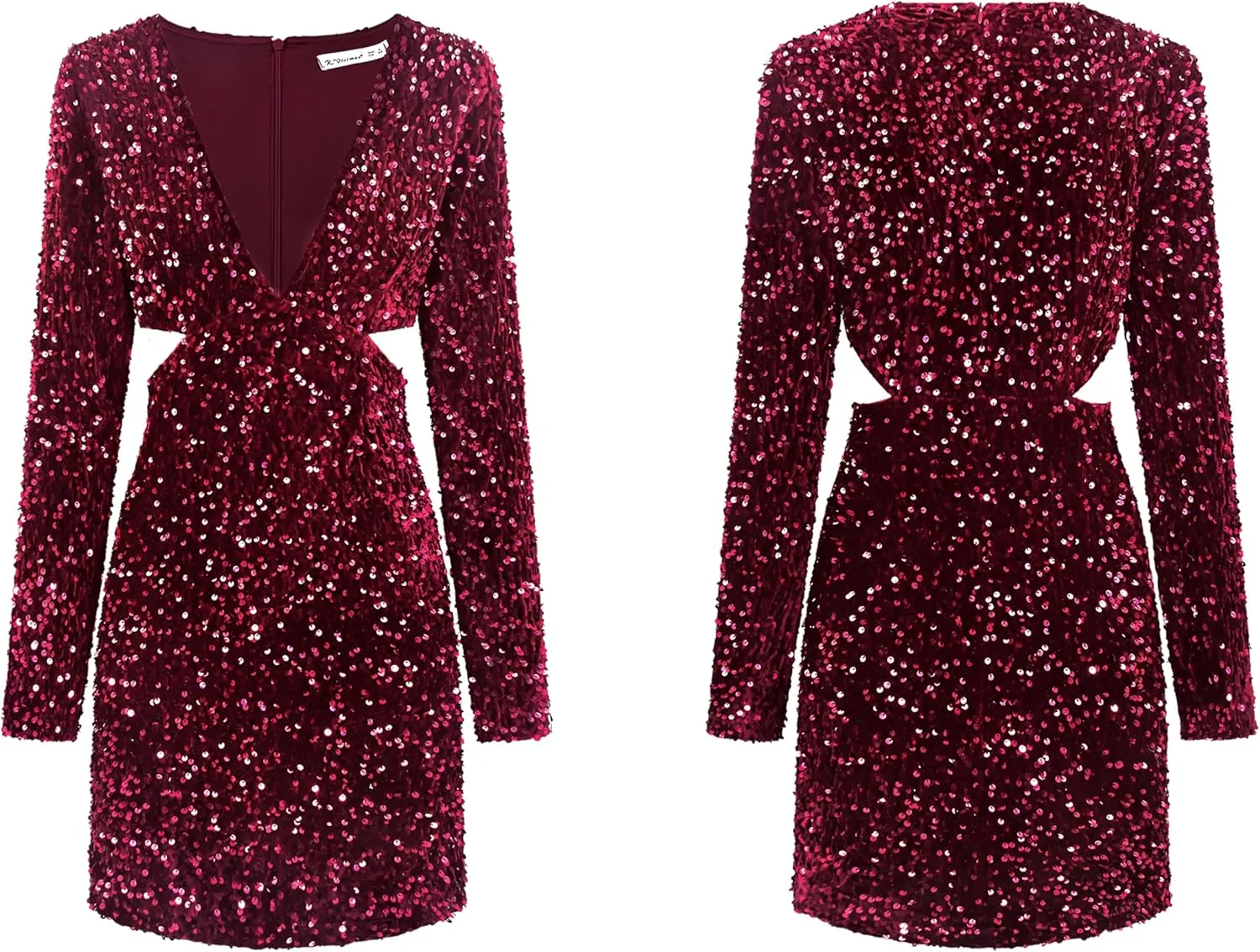 R.Vivimos Womens Glitter Sequin Party Dresses Fall Winter Long Sleeve Sexy Deep V Neck Cut Out Sparkly Club Velvet Mini Dress