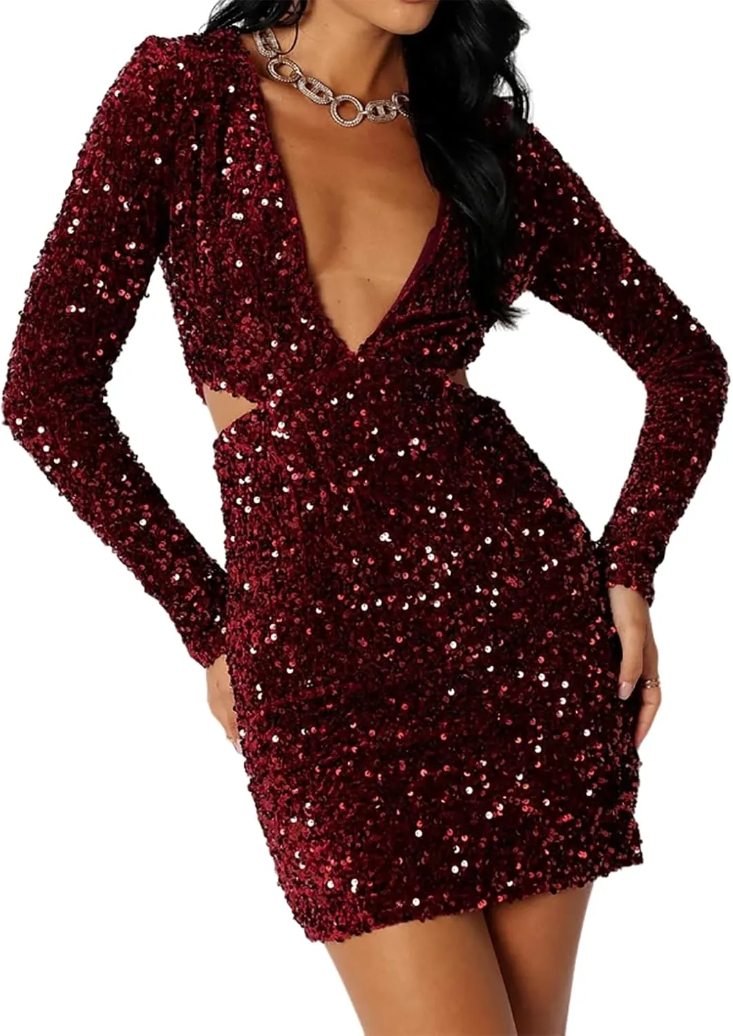R.Vivimos Womens Glitter Sequin Party Dresses Fall Winter Long Sleeve Sexy Deep V Neck Cut Out Sparkly Club Velvet Mini Dress