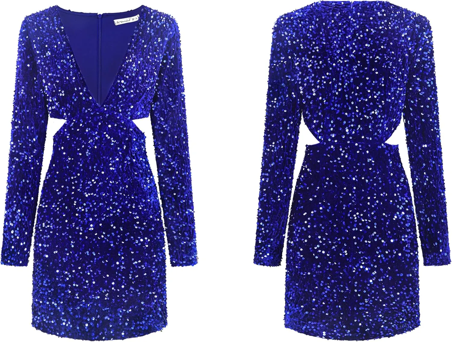 R.Vivimos Womens Glitter Sequin Party Dresses Fall Winter Long Sleeve Sexy Deep V Neck Cut Out Sparkly Club Velvet Mini Dress