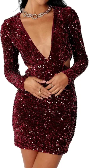 R.Vivimos Womens Glitter Sequin Party Dresses Fall Winter Long Sleeve Sexy Deep V Neck Cut Out Sparkly Club Velvet Mini Dress