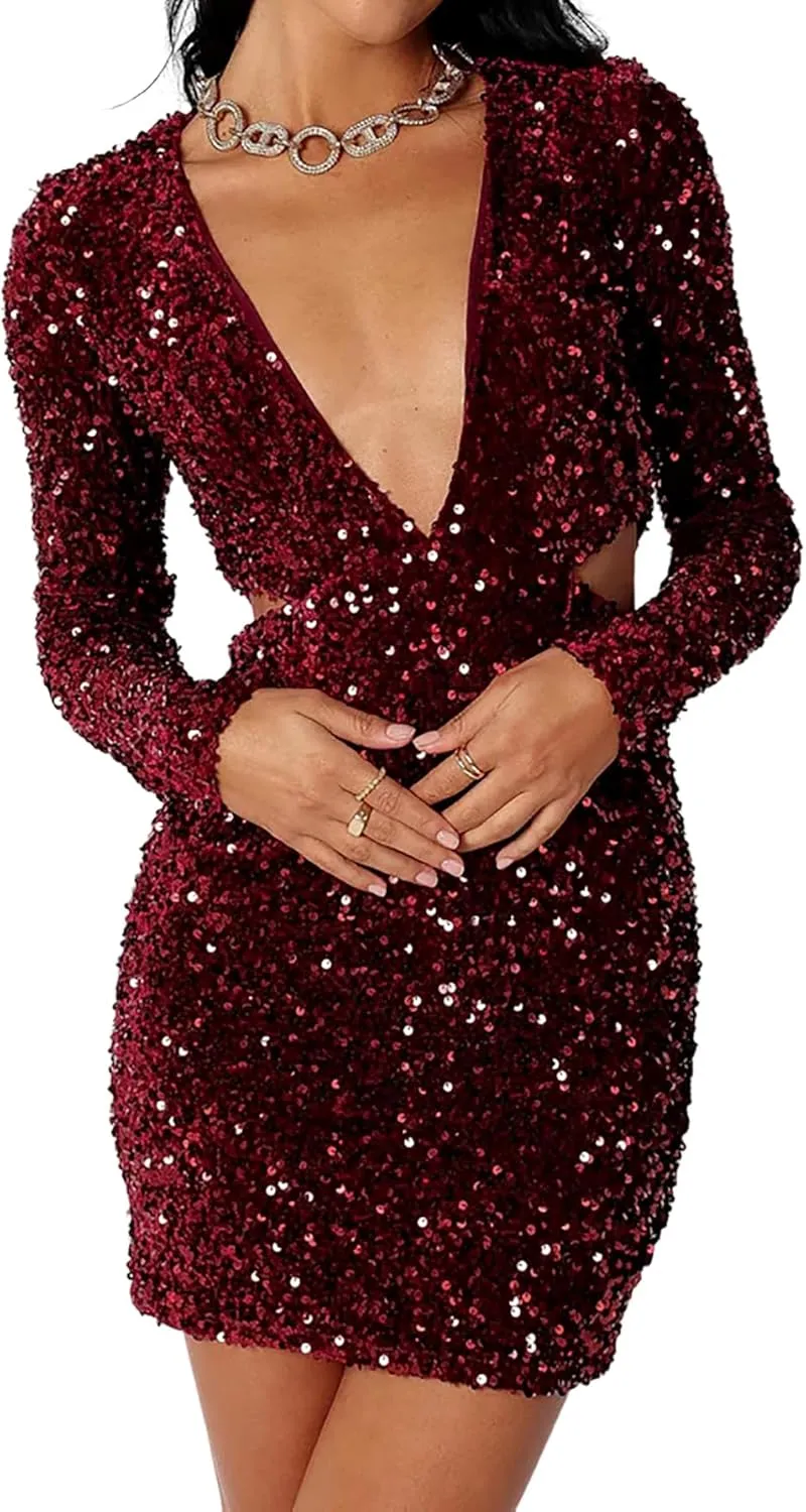 R.Vivimos Womens Glitter Sequin Party Dresses Fall Winter Long Sleeve Sexy Deep V Neck Cut Out Sparkly Club Velvet Mini Dress