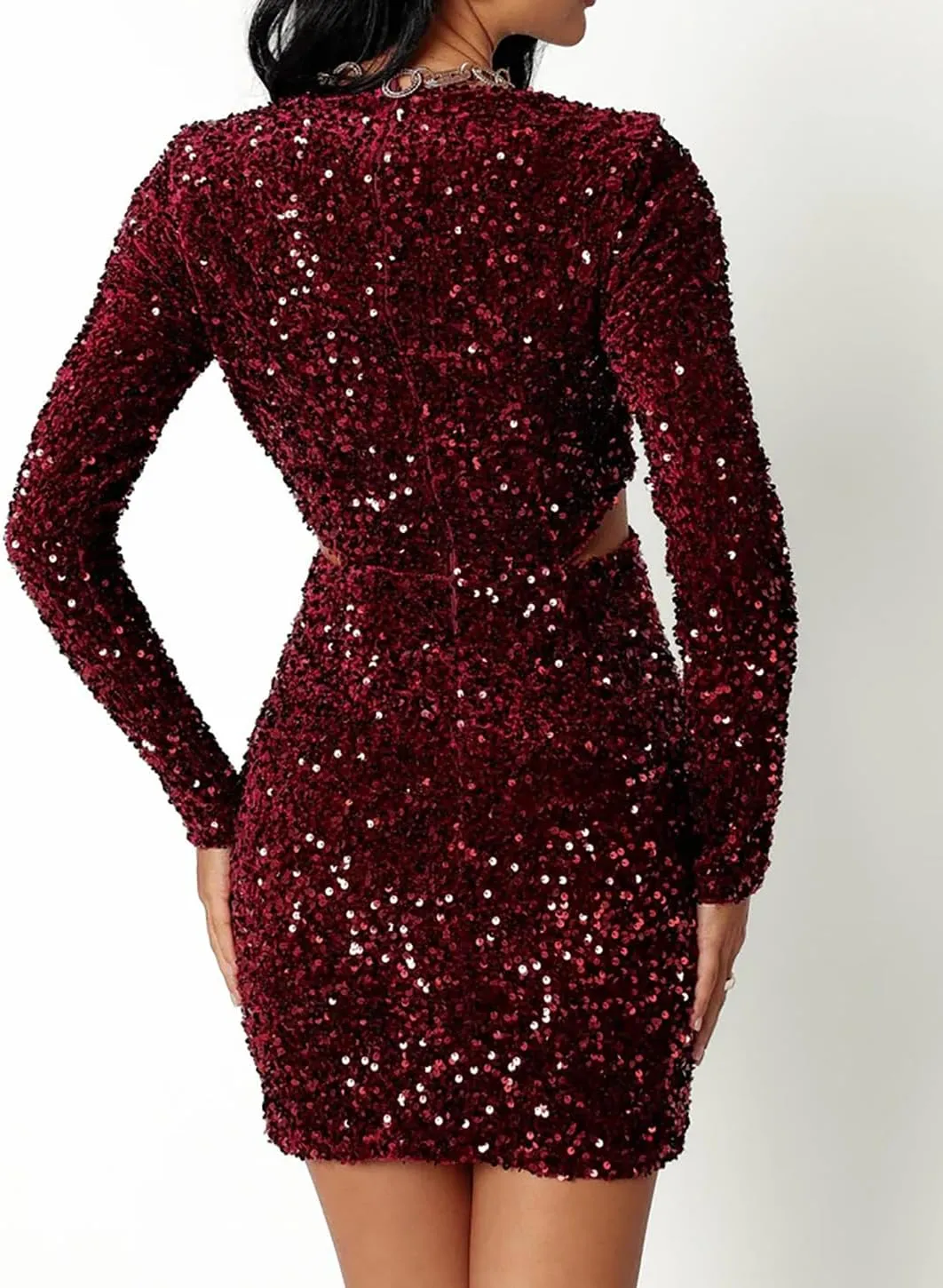 R.Vivimos Womens Glitter Sequin Party Dresses Fall Winter Long Sleeve Sexy Deep V Neck Cut Out Sparkly Club Velvet Mini Dress