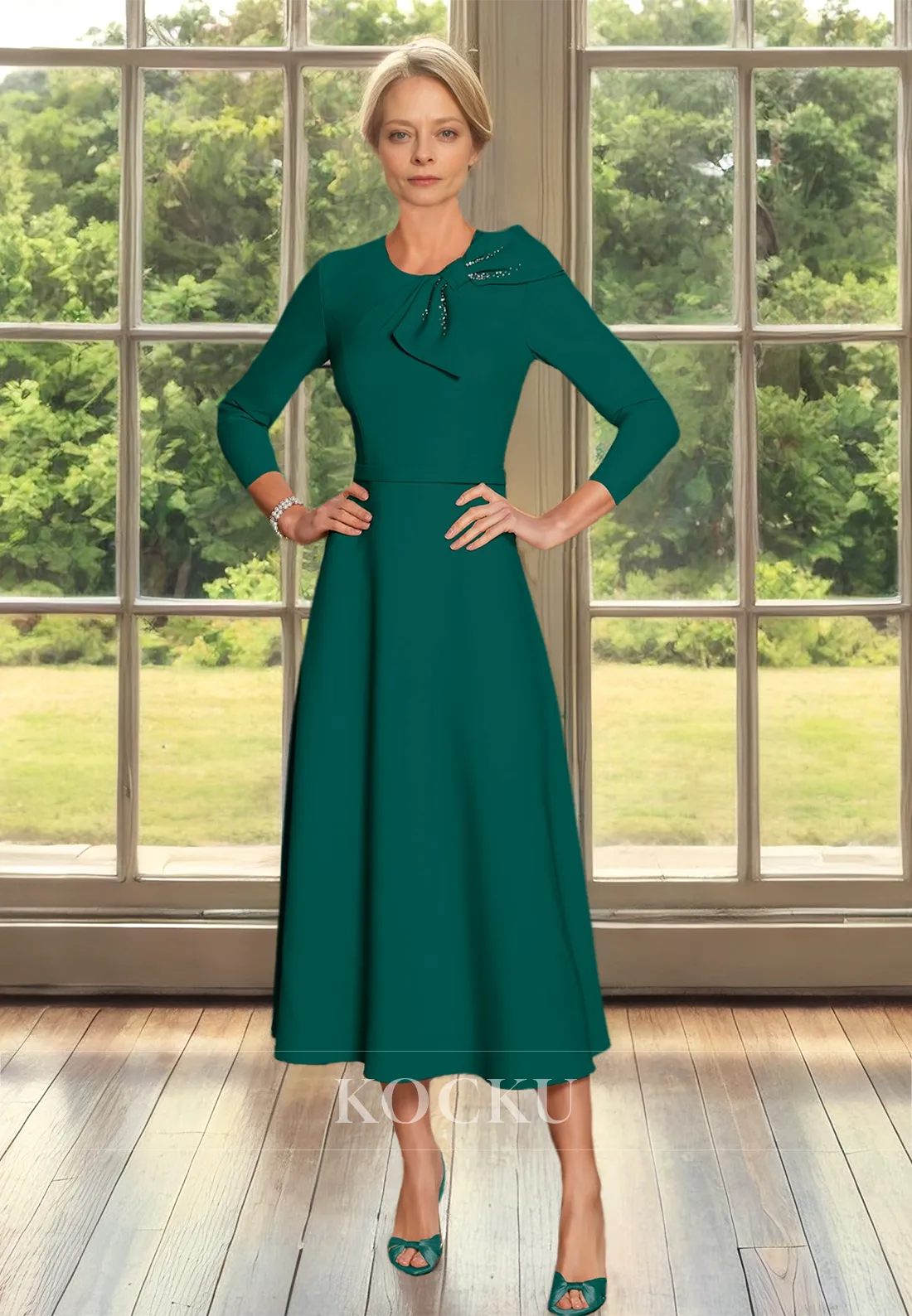 Scoop Neck A-Line Long Sleeves Beads Satin Mother of Bride Dress with Bow Cocktail Dress