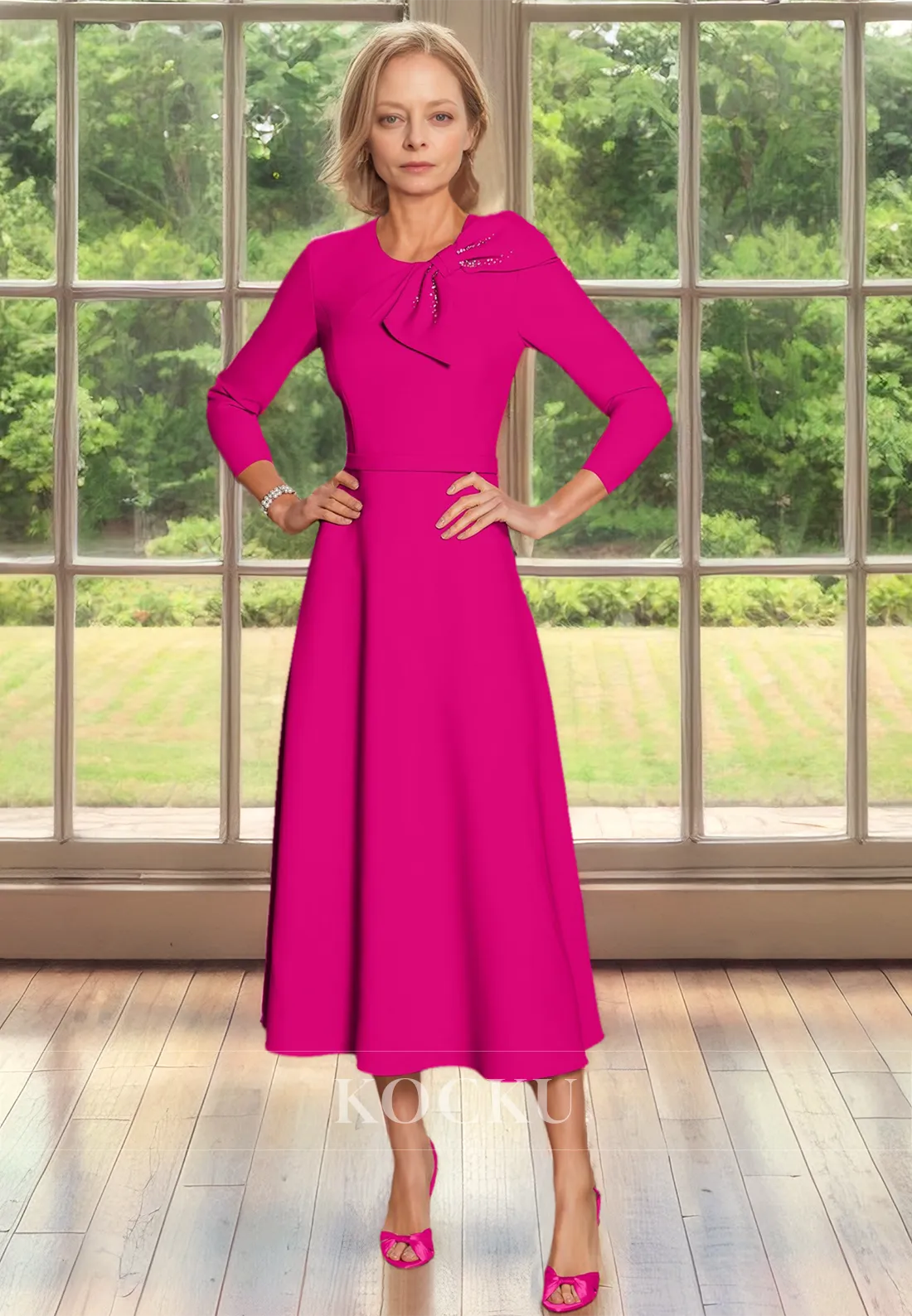 Scoop Neck A-Line Long Sleeves Beads Satin Mother of Bride Dress with Bow Cocktail Dress