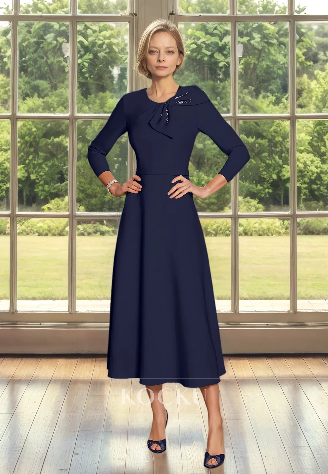 Scoop Neck A-Line Long Sleeves Beads Satin Mother of Bride Dress with Bow Cocktail Dress