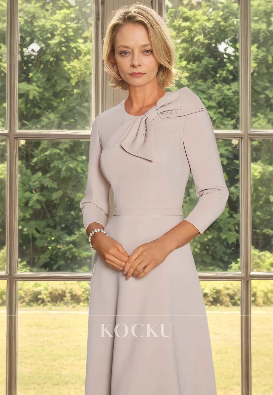 Scoop Neck A-Line Long Sleeves Beads Satin Mother of Bride Dress with Bow Cocktail Dress