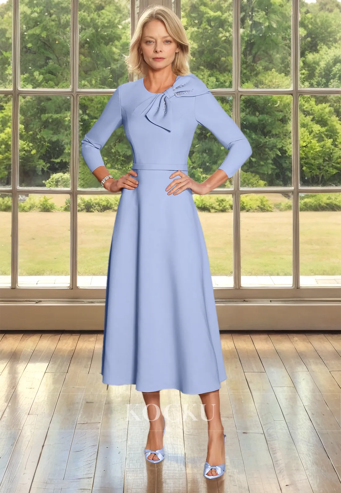 Scoop Neck A-Line Long Sleeves Beads Satin Mother of Bride Dress with Bow Cocktail Dress