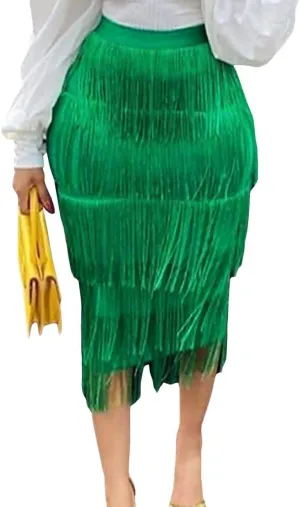 SEMATOMALA Women's Fringe Midi Skirt Bodycon Party Skirt Salsa Latin Dance Work Office Prom Dinner Elegant Skirt with Tassel
