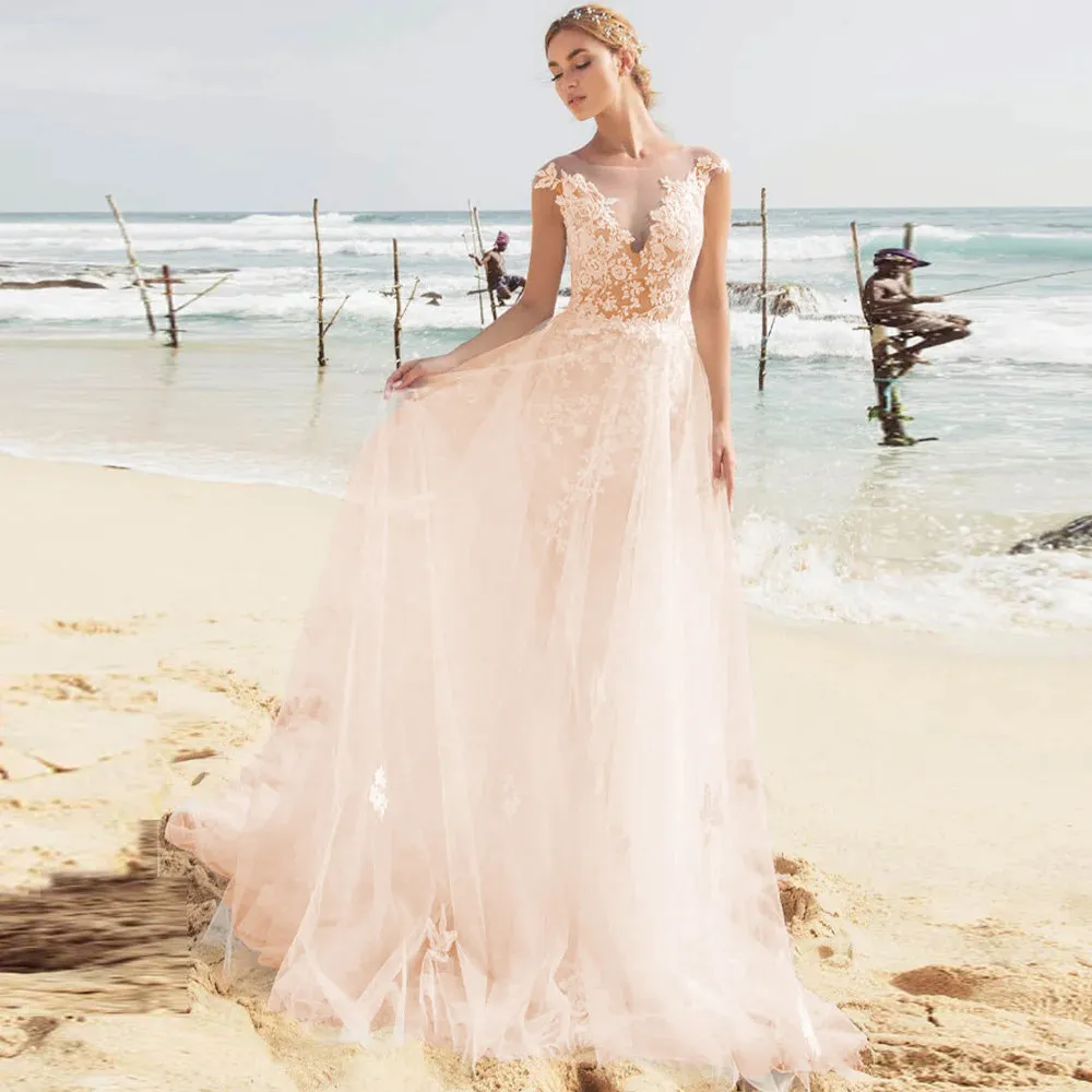 Sexy Beach Wedding Dress Cap Sleeve See Through Back Elegant Bridal Dress