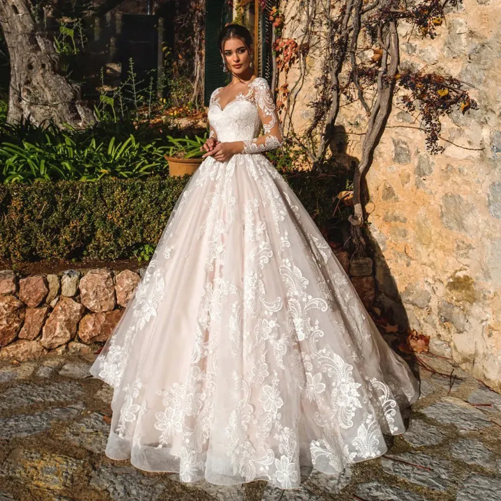 Sexy Illusion Long Sleeve A-Line Vintage Wedding Dress Scoop Neck Appliques Court Train