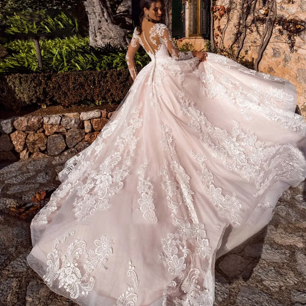 Sexy Illusion Long Sleeve A-Line Vintage Wedding Dress Scoop Neck Appliques Court Train