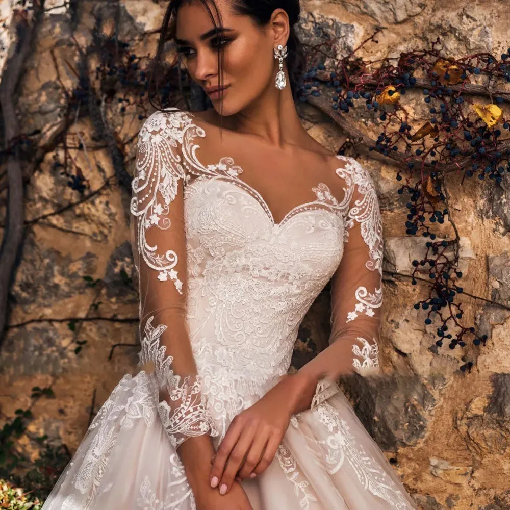 Sexy Illusion Long Sleeve A-Line Vintage Wedding Dress Scoop Neck Appliques Court Train
