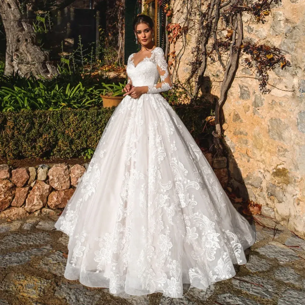Sexy Illusion Long Sleeve A-Line Vintage Wedding Dress Scoop Neck Appliques Court Train