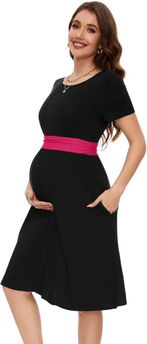 Smallshow Women's Maternity Dress Patchwork Short Sleeve Pregnancy Clothes
