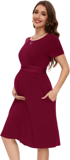 Smallshow Women's Maternity Dress Patchwork Short Sleeve Pregnancy Clothes