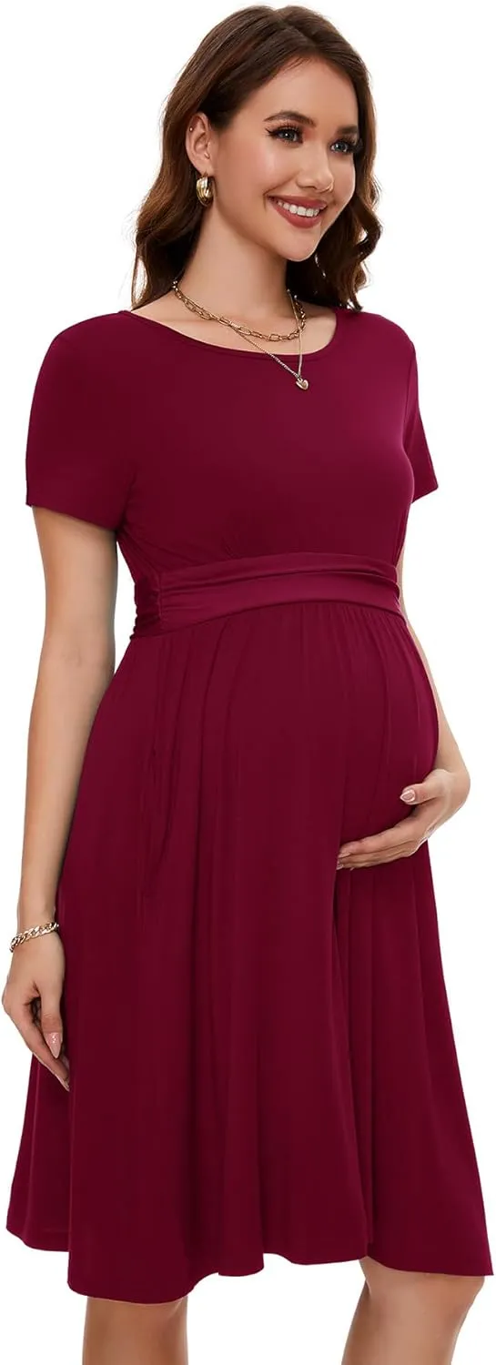 Smallshow Women's Maternity Dress Patchwork Short Sleeve Pregnancy Clothes