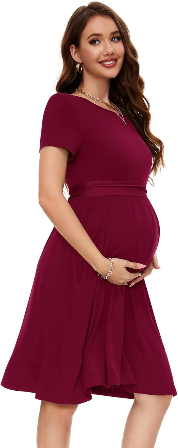 Smallshow Women's Maternity Dress Patchwork Short Sleeve Pregnancy Clothes