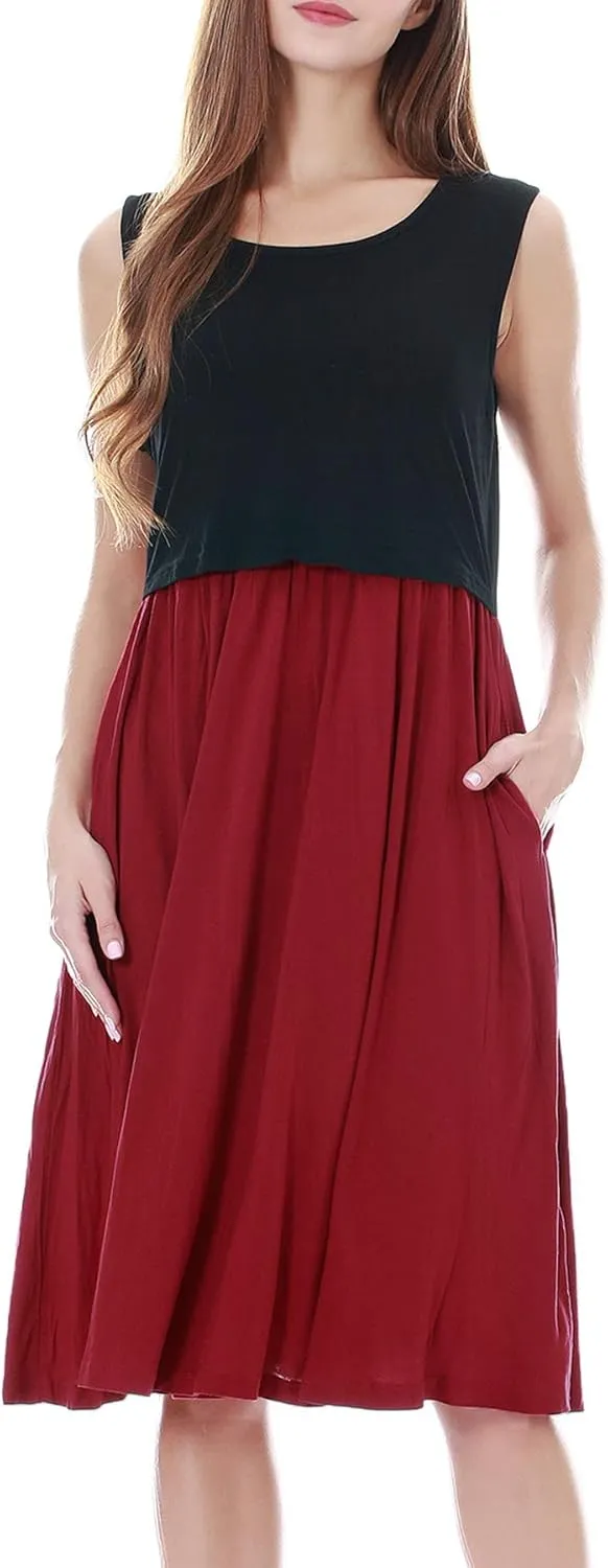 Smallshow Women's Sleeveless Nursing Dresses Patchwork Maternity Breastfeeding Dress