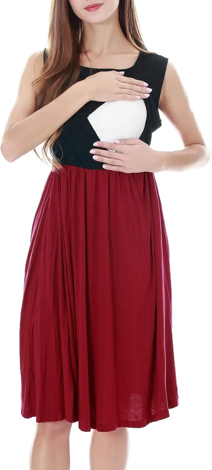 Smallshow Women's Sleeveless Nursing Dresses Patchwork Maternity Breastfeeding Dress