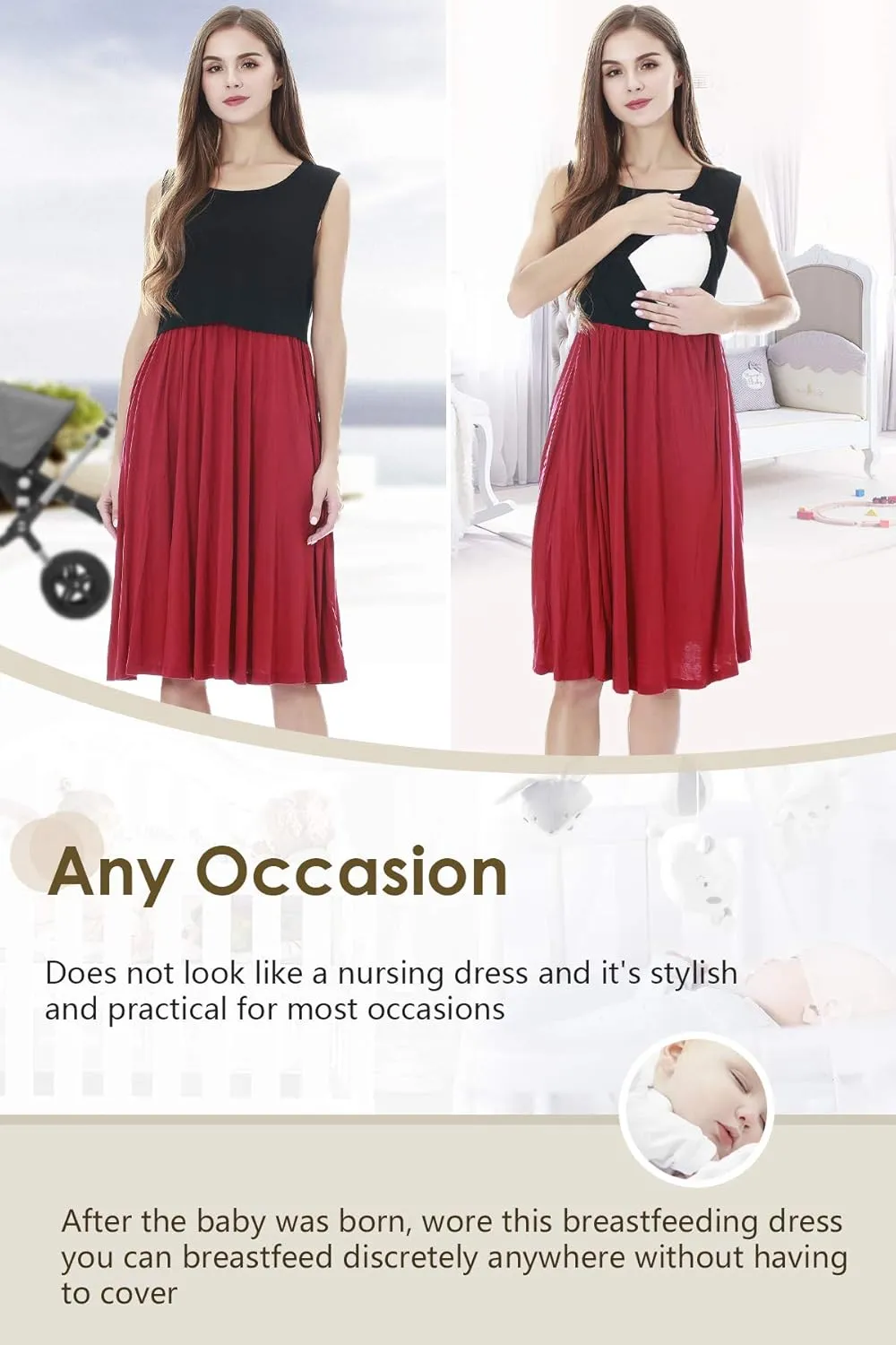Smallshow Women's Sleeveless Nursing Dresses Patchwork Maternity Breastfeeding Dress