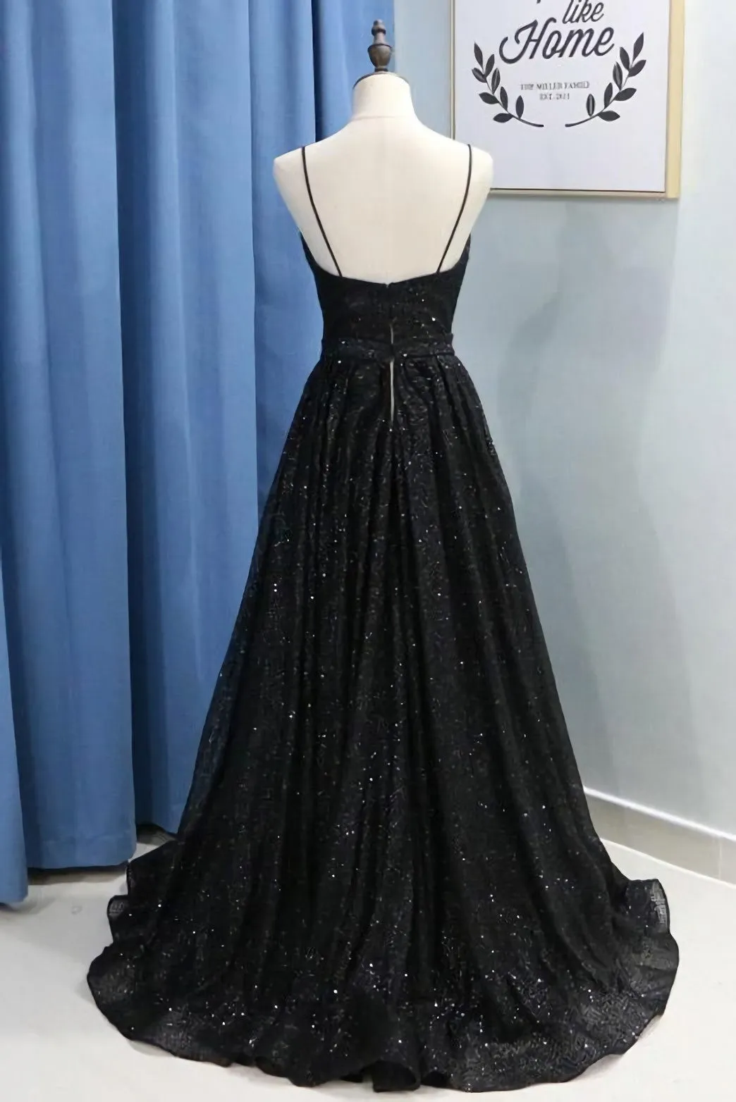 Spaghetti Straps Long Sequin Prom Dress With Split Black Long Evening Dress