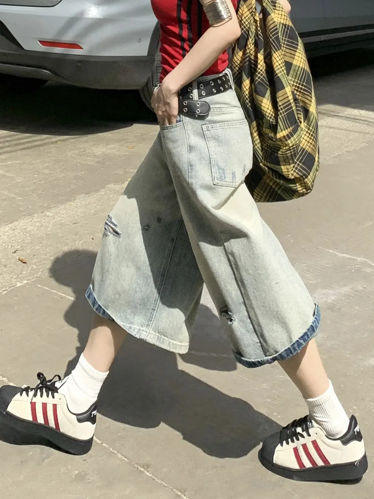 TAVIMART  -  New Ripped Calf-length Jeans Women Vintage Boyfriend Loose Wide Leg Calf-length Denim Pants Summer