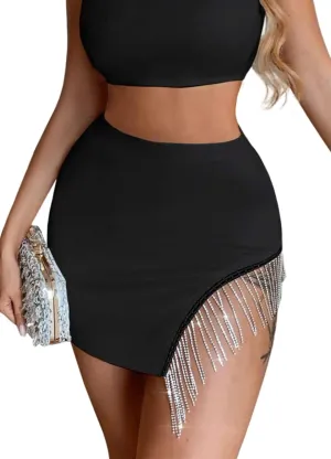 TYNORA Women's Shiny Fringe Rhinestone Slit Hem High Waisted Sexy Bodycon Mini Skirt Dance Party Dress