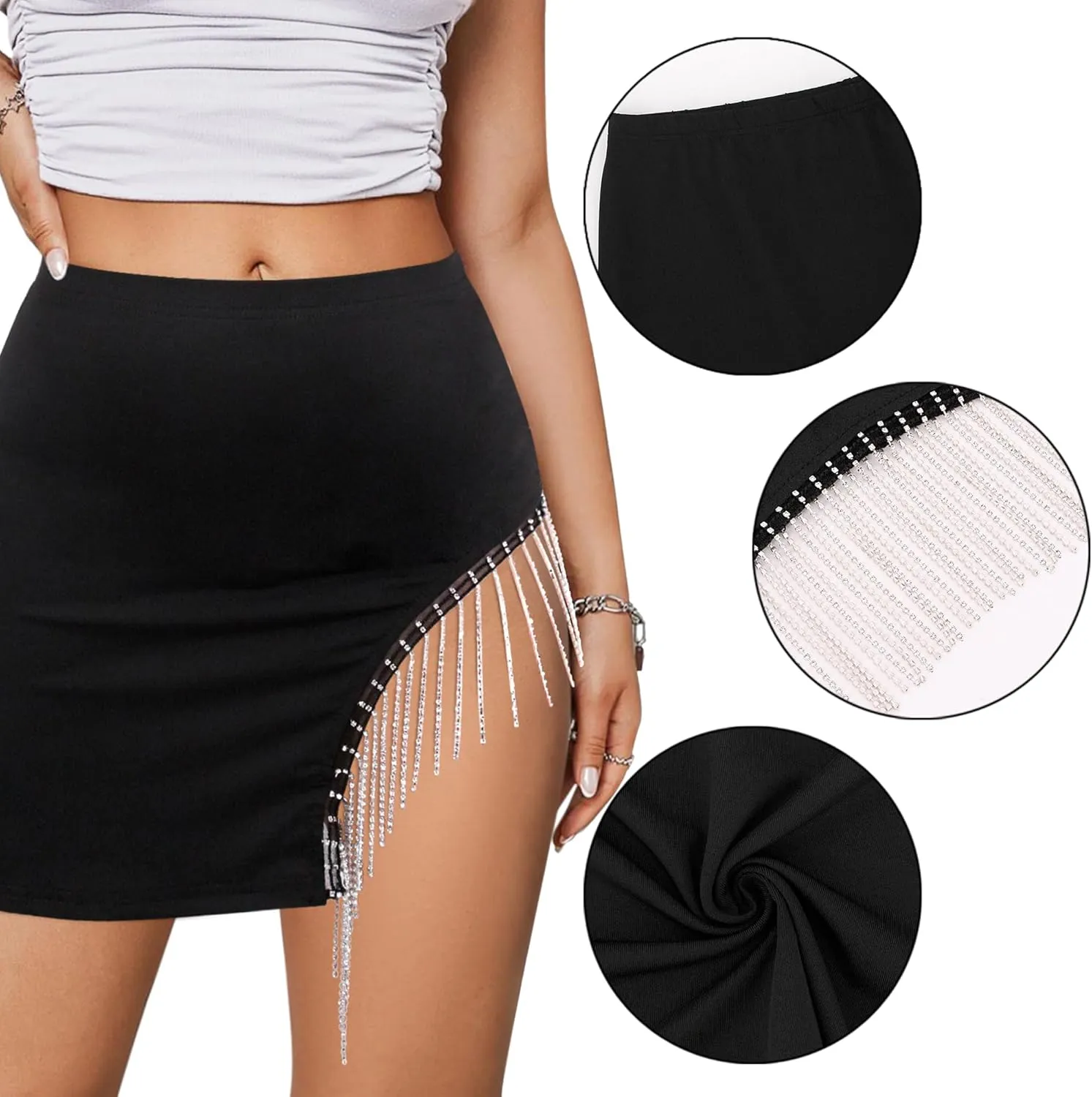 TYNORA Women's Shiny Fringe Rhinestone Slit Hem High Waisted Sexy Bodycon Mini Skirt Dance Party Dress