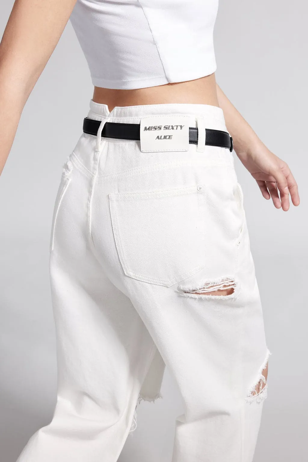 V-Shape Waist Ripped White Jeans