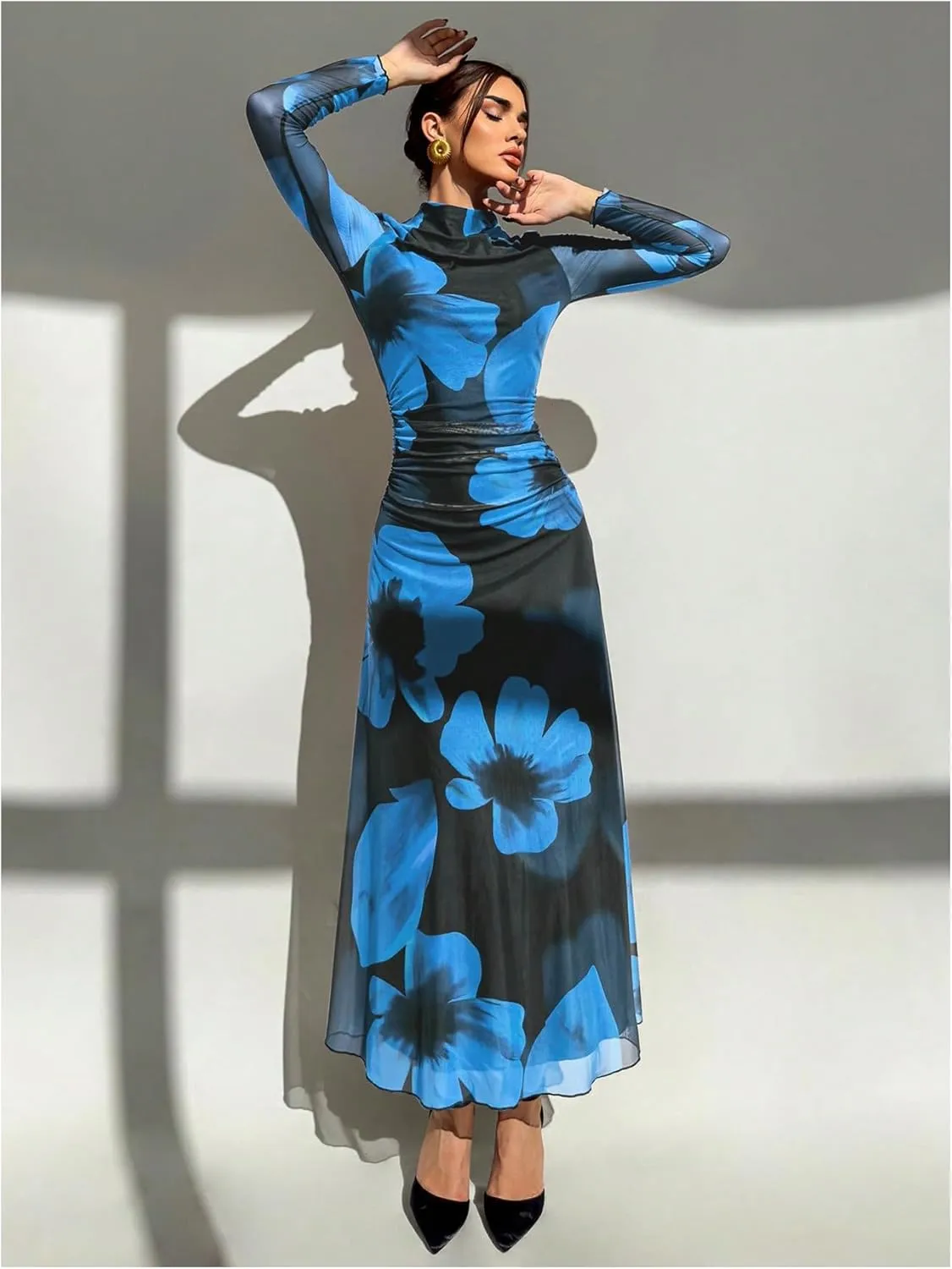 Verdusa Women's Floral Wedding Guest Dress Mesh Bodycon Long Sleeve Date Night Long Dresses