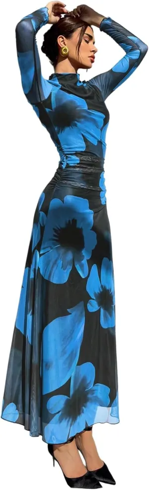 Verdusa Women's Floral Wedding Guest Dress Mesh Bodycon Long Sleeve Date Night Long Dresses