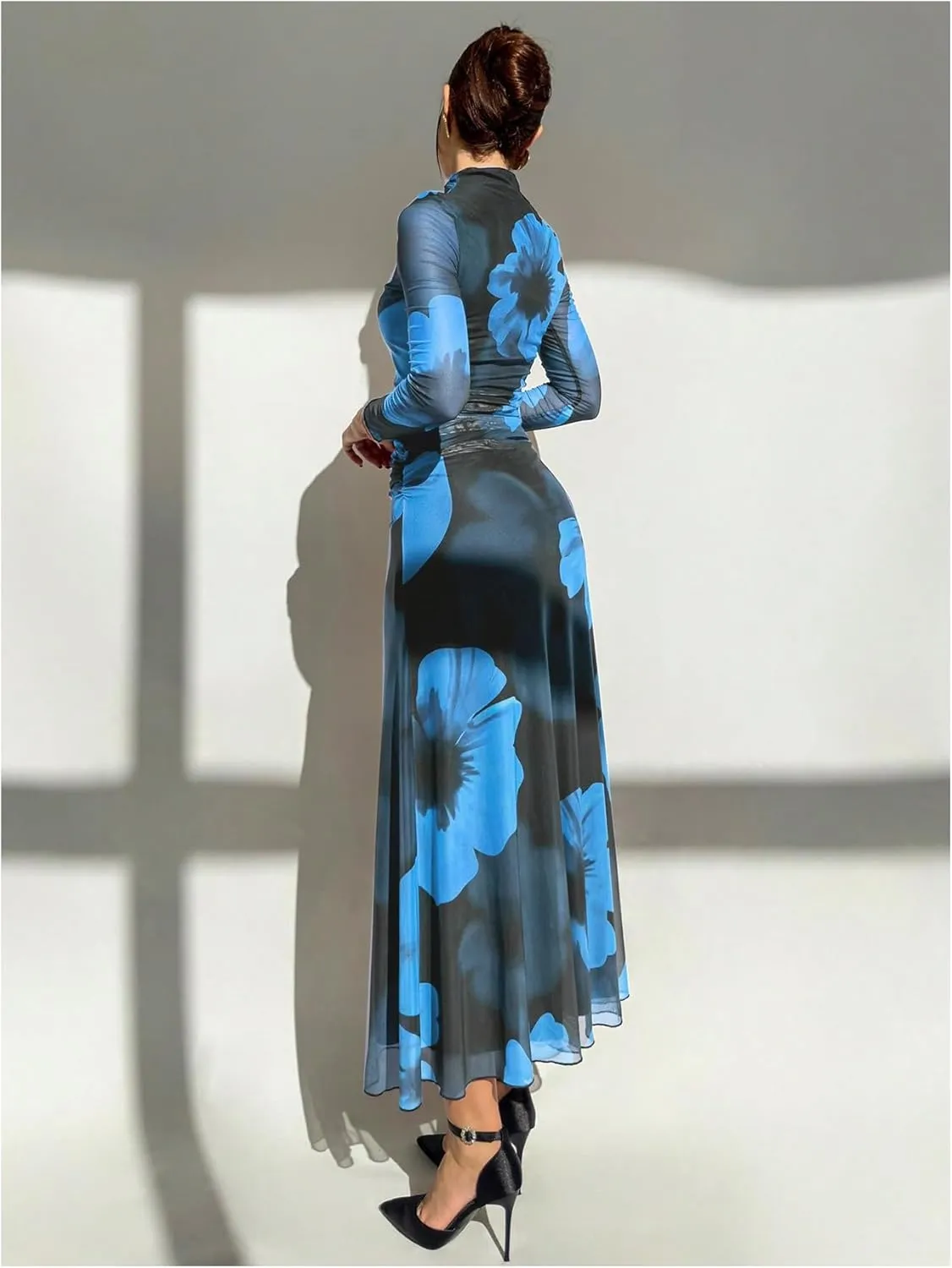 Verdusa Women's Floral Wedding Guest Dress Mesh Bodycon Long Sleeve Date Night Long Dresses