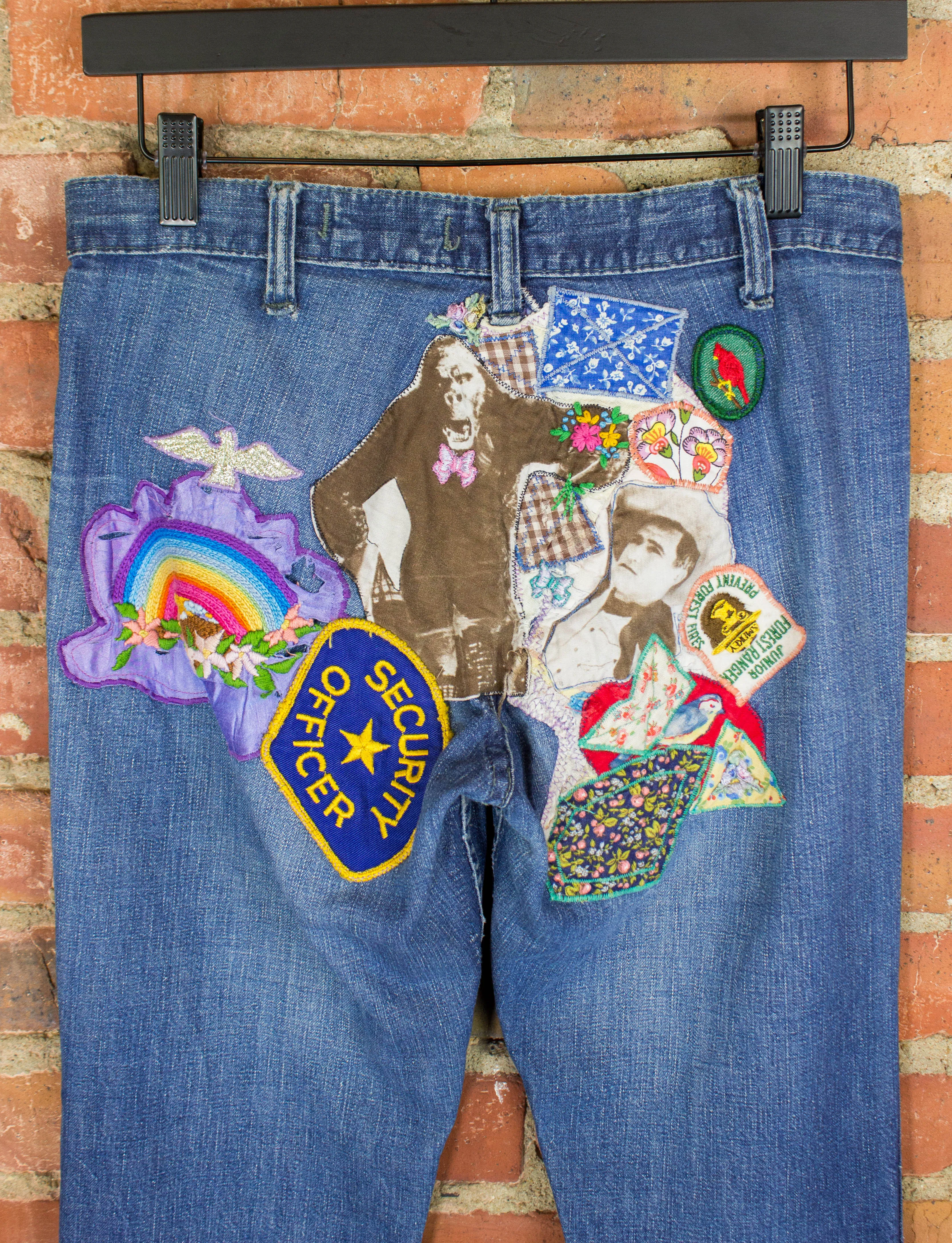 Vintage Landlubber Patchwork Flare Denim Jeans 60s Blue Low Rise 27x30