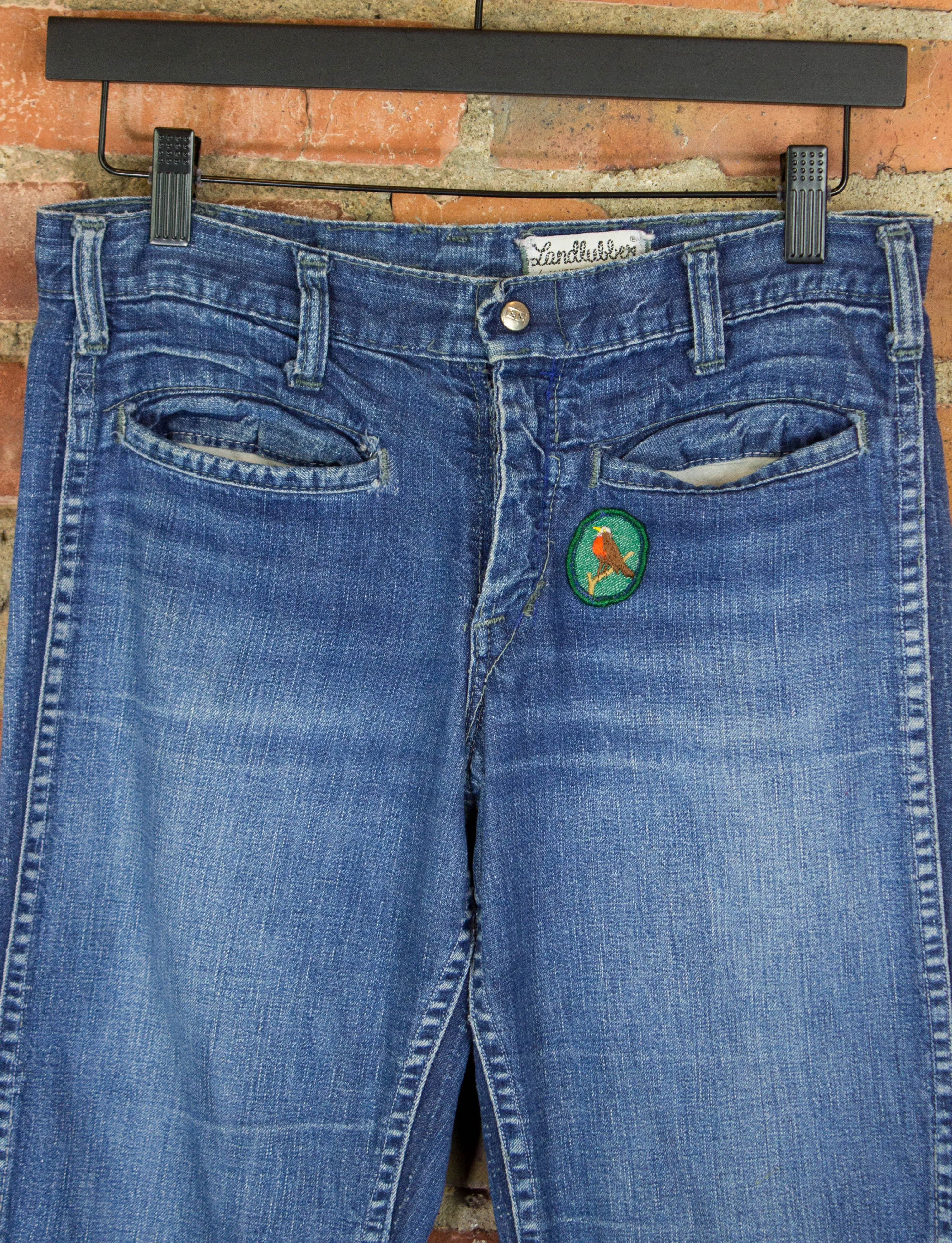 Vintage Landlubber Patchwork Flare Denim Jeans 60s Blue Low Rise 27x30