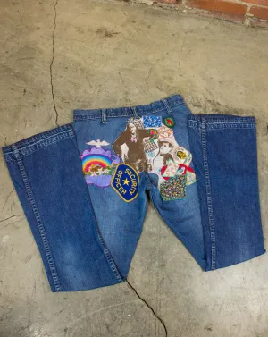 Vintage Landlubber Patchwork Flare Denim Jeans 60s Blue Low Rise 27x30
