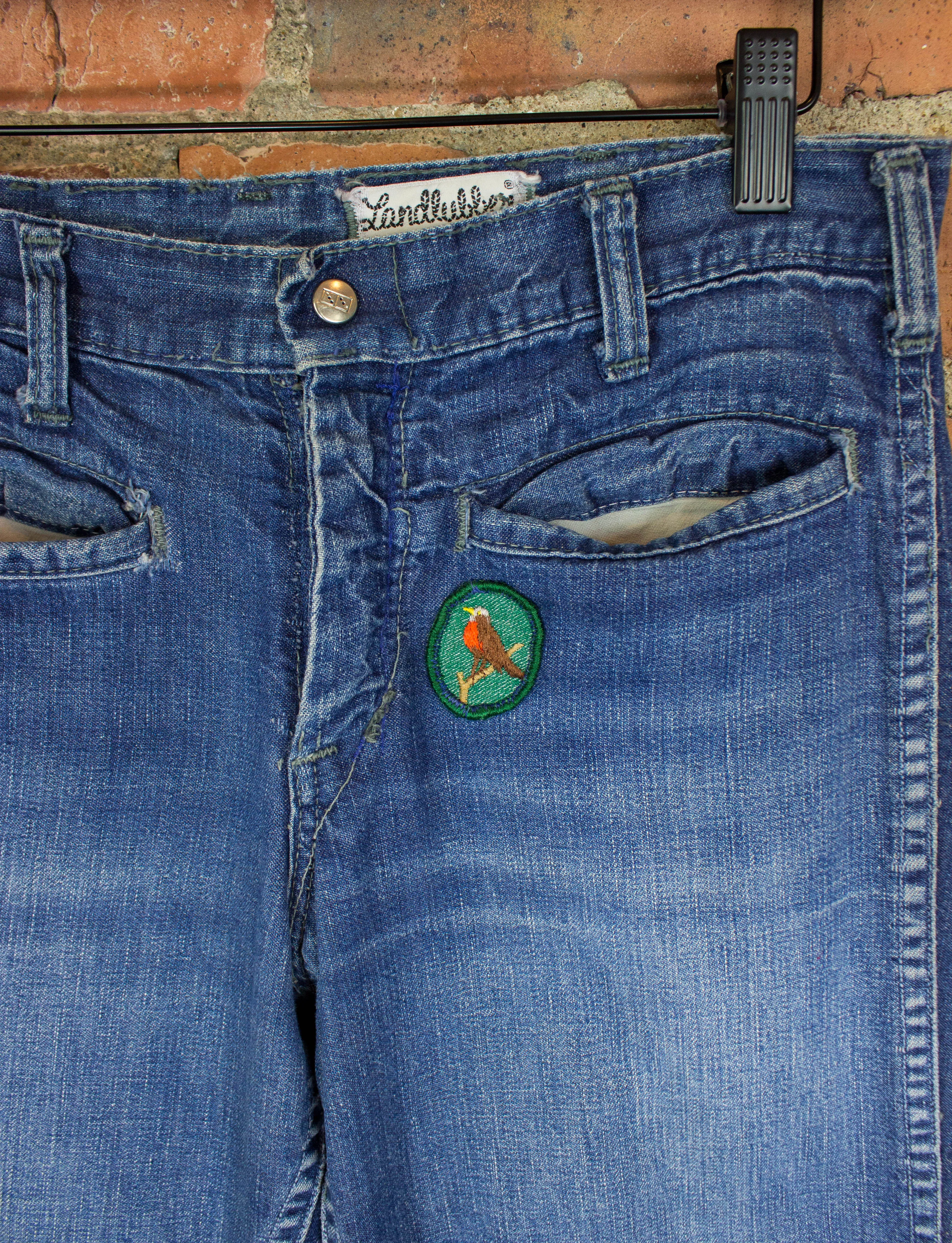 Vintage Landlubber Patchwork Flare Denim Jeans 60s Blue Low Rise 27x30