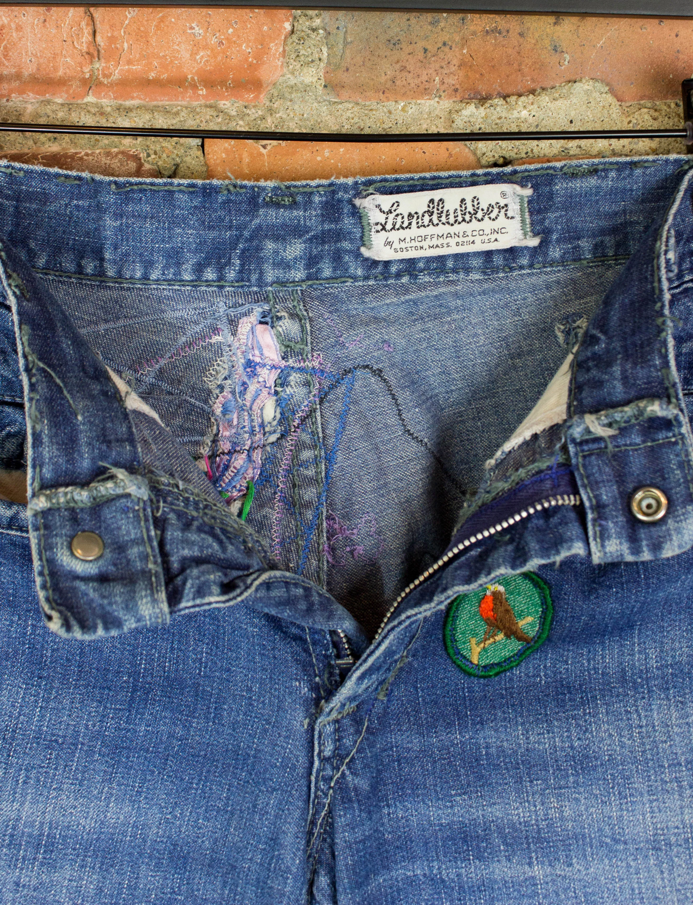 Vintage Landlubber Patchwork Flare Denim Jeans 60s Blue Low Rise 27x30