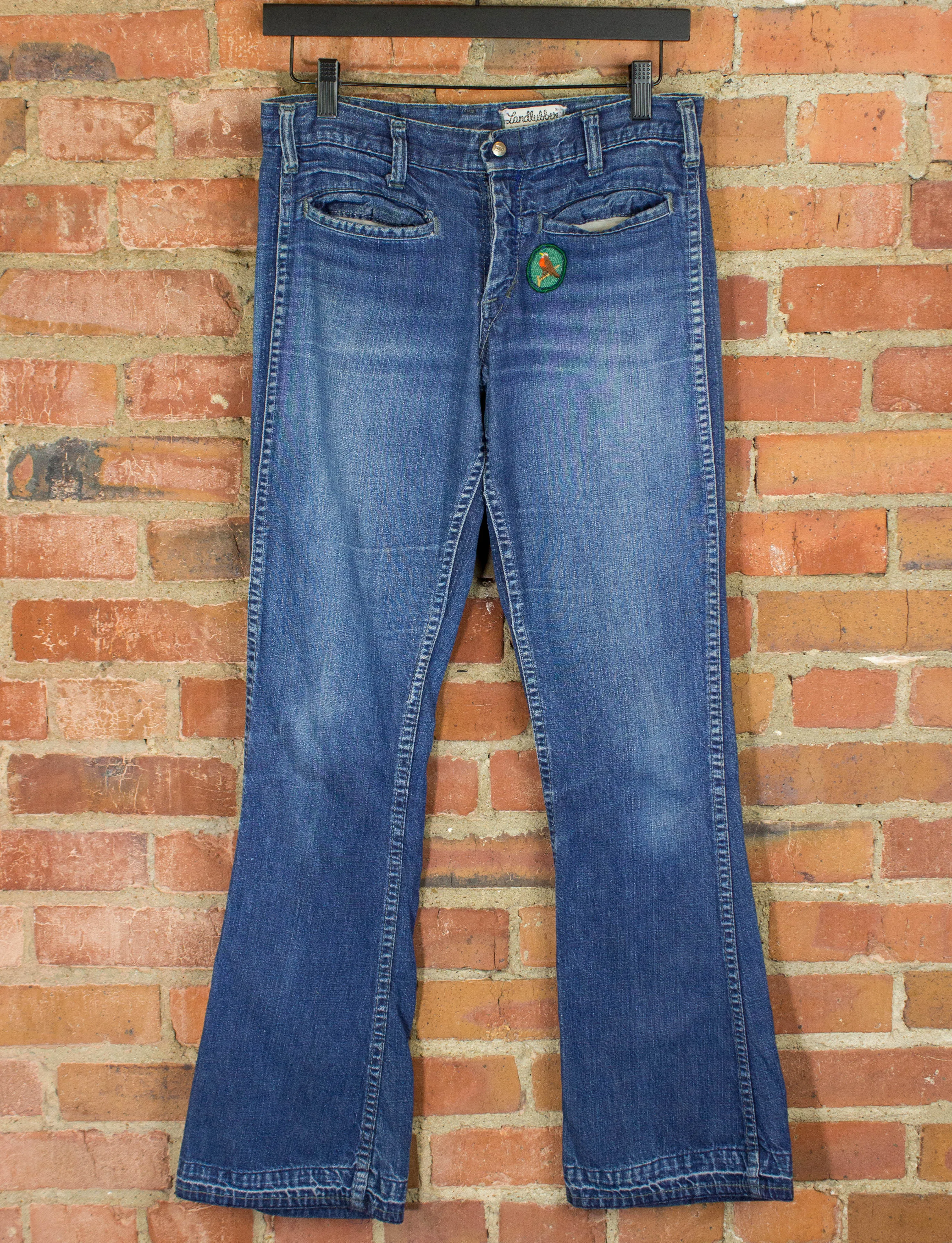 Vintage Landlubber Patchwork Flare Denim Jeans 60s Blue Low Rise 27x30
