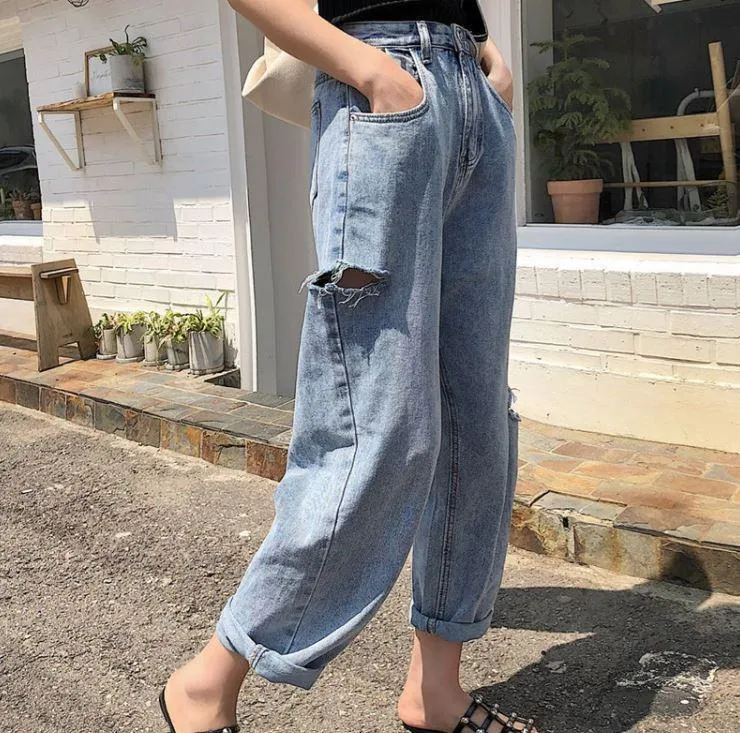 Vintage Oversized Denim Ripped High Waist Jeans