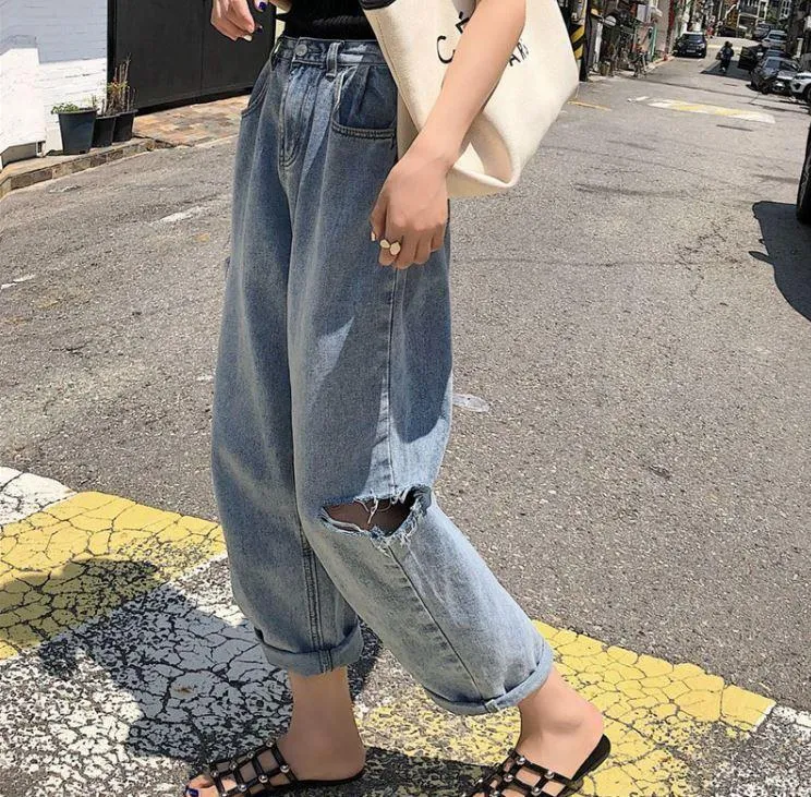 Vintage Oversized Denim Ripped High Waist Jeans