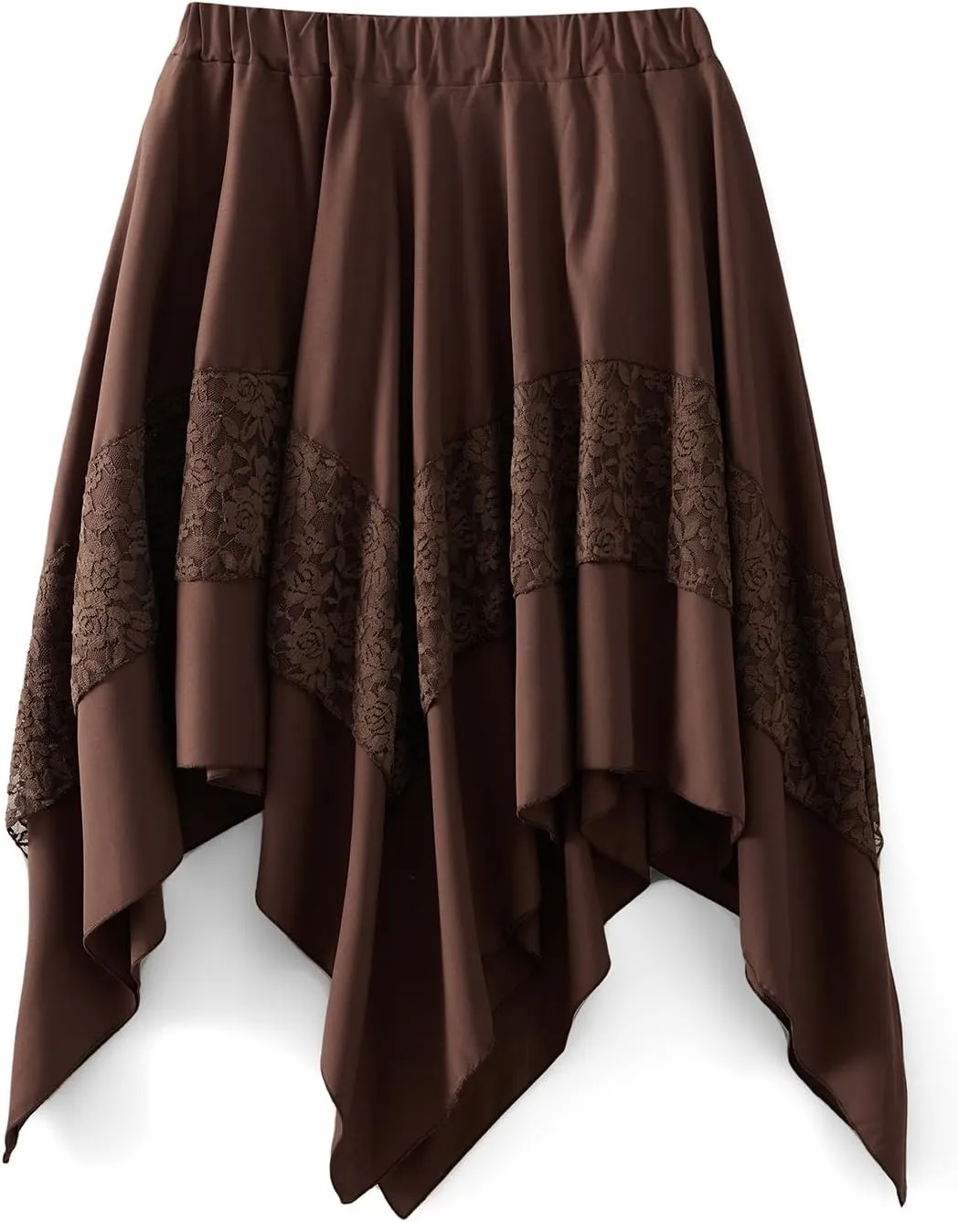 Women Asymmetrical Flowy Midi Skirt High Elastic Waist Lace Trim High Low Going Out Boho Layered Long Maxi Skirt