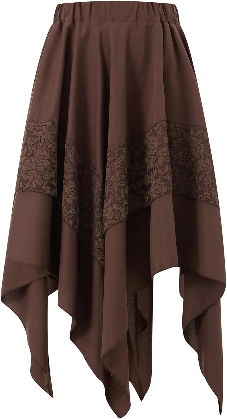 Women Asymmetrical Flowy Midi Skirt High Elastic Waist Lace Trim High Low Going Out Boho Layered Long Maxi Skirt