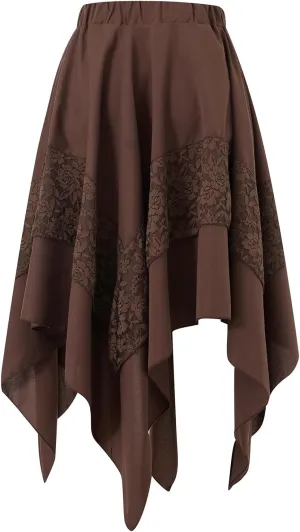 Women Asymmetrical Flowy Midi Skirt High Elastic Waist Lace Trim High Low Going Out Boho Layered Long Maxi Skirt