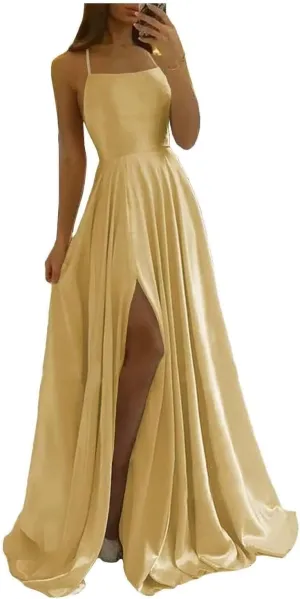 Women Long Formal Dress Solid Satin Spaghetti Straps A Line Evening Cocktail Dresses with Slit
