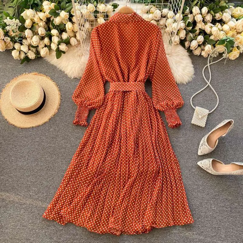 Women's French Style Long Sleeved Plated Skirt Dress