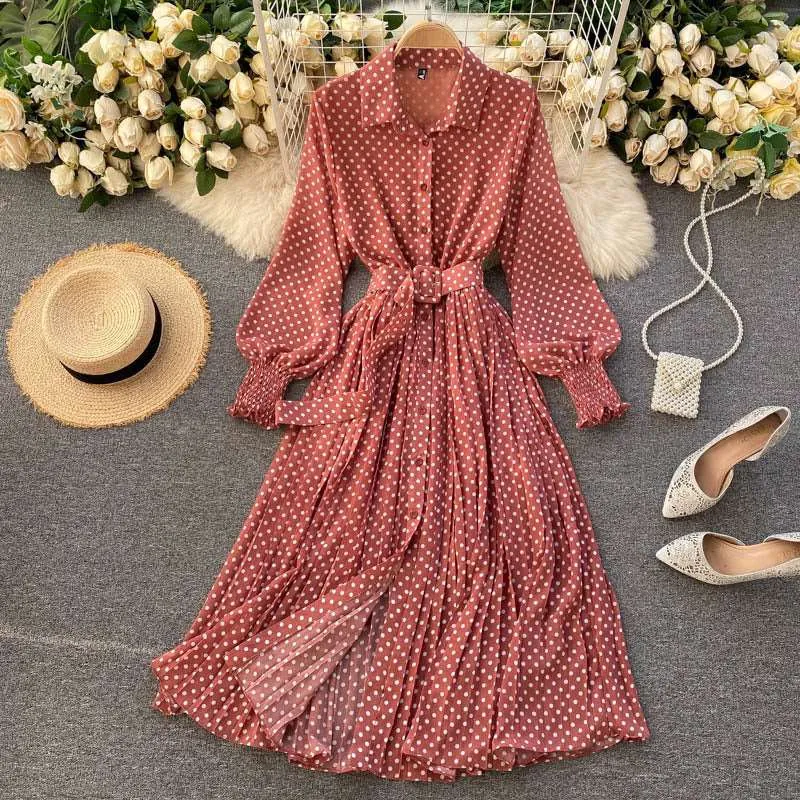 Women's French Style Long Sleeved Plated Skirt Dress
