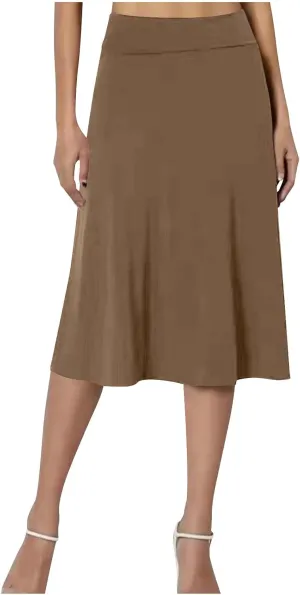 Women's Knee Length Casual Skirts Flared Elastic High Waisted Midi Pleated Flowy A-Line Summer Skirts Solid Color Skirt