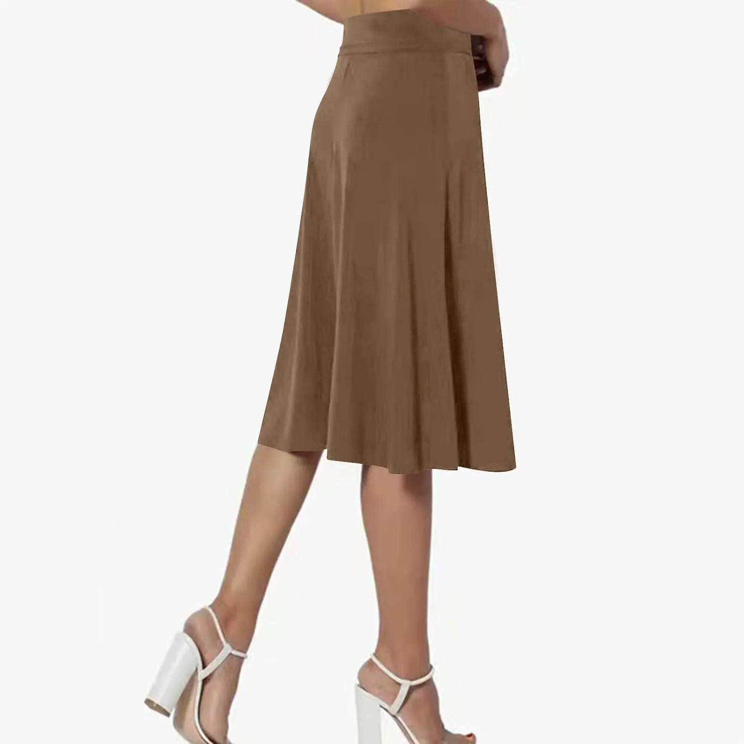 Women's Knee Length Casual Skirts Flared Elastic High Waisted Midi Pleated Flowy A-Line Summer Skirts Solid Color Skirt